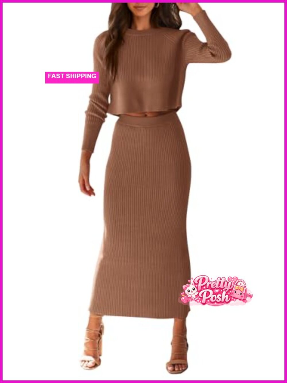 Rib Knit 2 Piece Sweater Set Crop Top & Maxi Bodycon Skirt Outfit